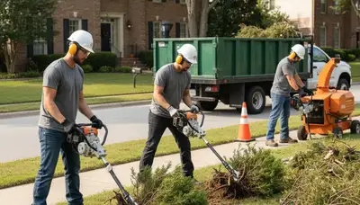 Memphis, TN crew removing overgrown shrubs in a tight yard for safe, efficient tree service