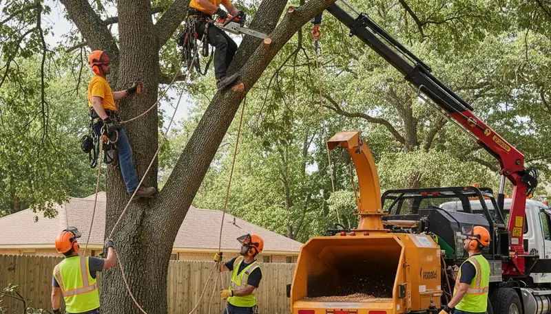 Memphis, TN tree removal crew safely removing a hazardous tree for a residential property